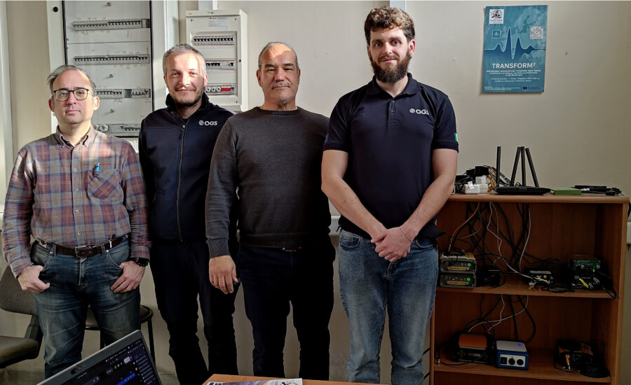 The OGS and TRANSFORM² team during the LZER0 GNSS station installation at the Corinth Rift Laboratory (CRL), Greece, on 4 March 2026 . From left to right: Andreas Karakonstantis , Paolo Fabris (OGS) , Panagiotis Elias , Simone Galvi (OGS).