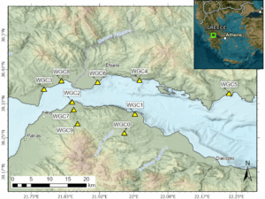 Τhe 10 new low-cost seismic stations in the CRL NFO area. The extent of the main map is marked with a green rectangle in the inset map of Greece and surrounding areas.