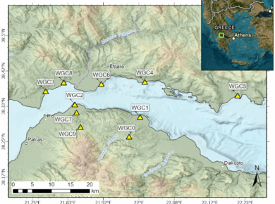 Τhe 10 new low-cost seismic stations in the CRL NFO area. The extent of the main map is marked with a green rectangle in the inset map of Greece and surrounding areas.