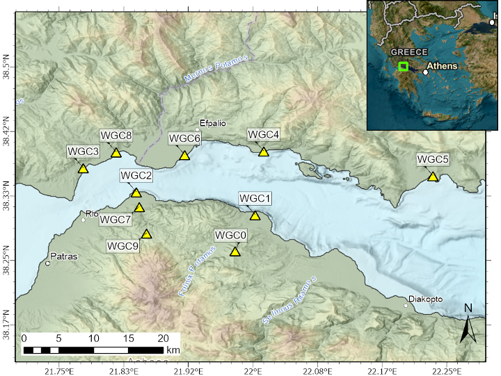 Τhe 10 new low-cost seismic stations in the CRL NFO area. The extent of the main map is marked with a green rectangle in the inset map of Greece and surrounding areas.