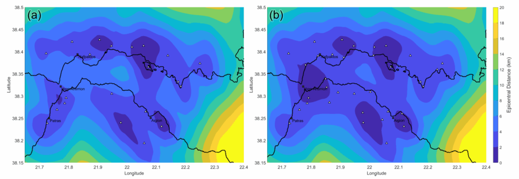 Figure 2. Spatial distribution of the epicentral distance to the nearest station in the CRL NFO, (a) with the previously available network, (b) with the network at full capacity, including the 10 newly added low-cost stations.